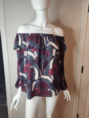Ann Taylor Off-Shoulder Floral Blouse in Burgundy, Navy, Cream